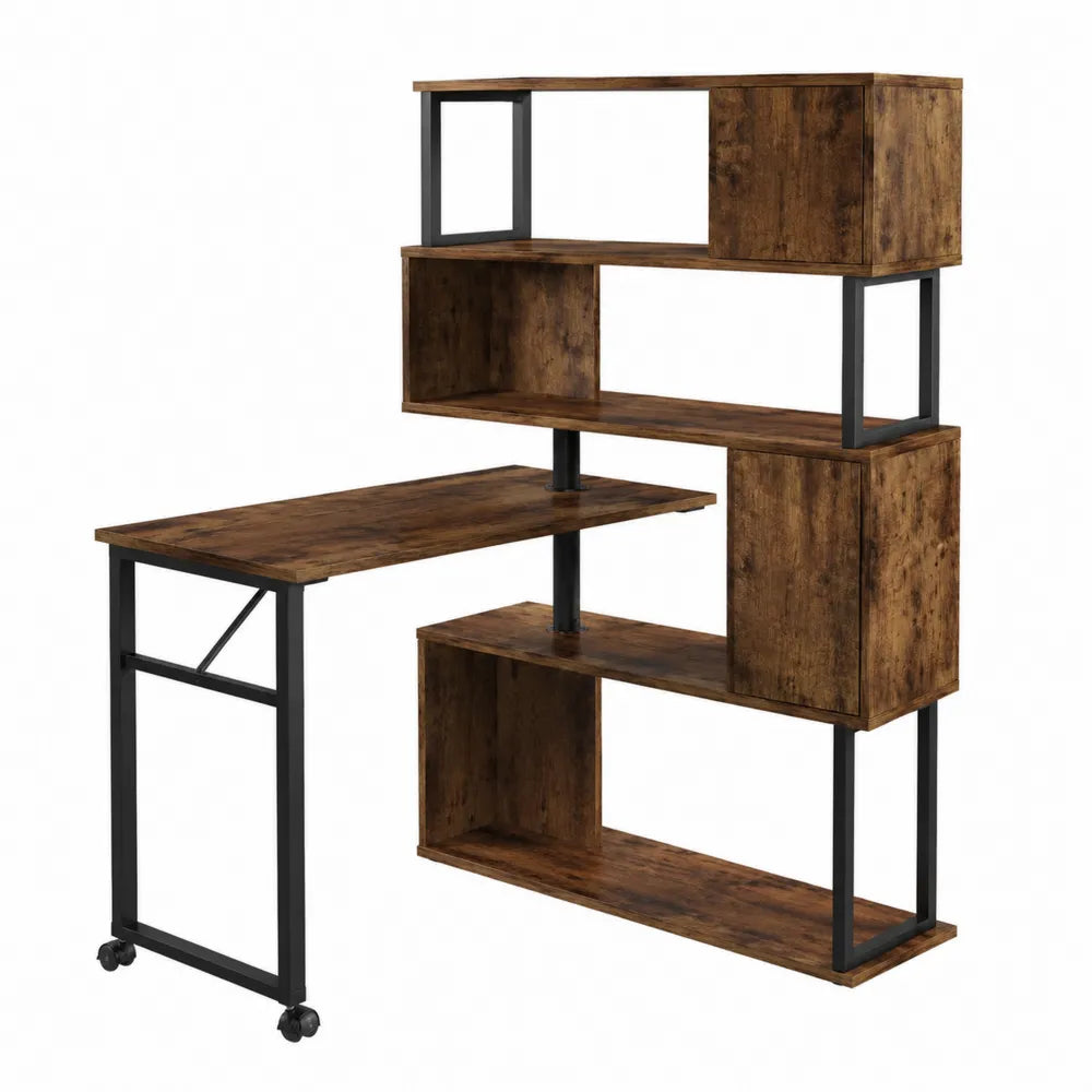 Scrivania angolare con libreria in legno MDF e metallo nero, 120 cm