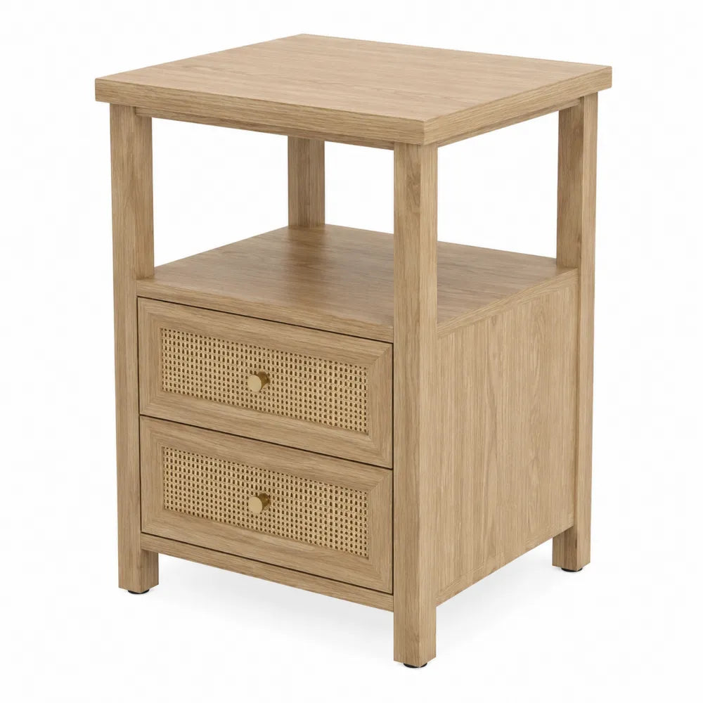 Comodino in Legno di Quercia con Cassetti in Rattan 45x35x60 cm