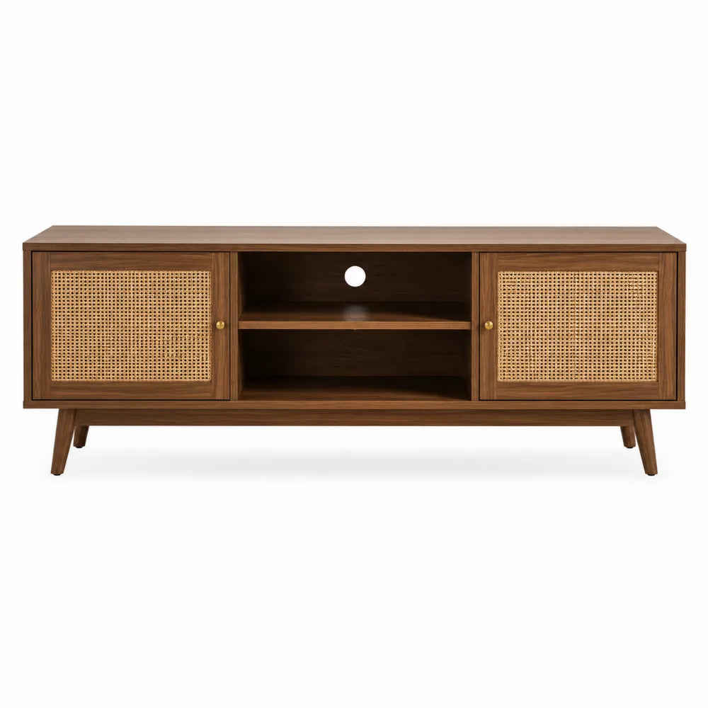 Mobile TV in legno noce con ante in rattan 150x40x50 cm