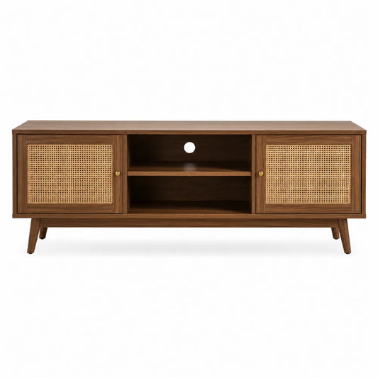 Mobile TV in legno noce con ante in rattan 150x40x50 cm