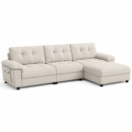 Divano angolare in tessuto beige con chaise longue