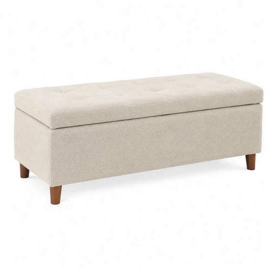 Panca Contenitore in Tessuto Beige con Gambe in Legno