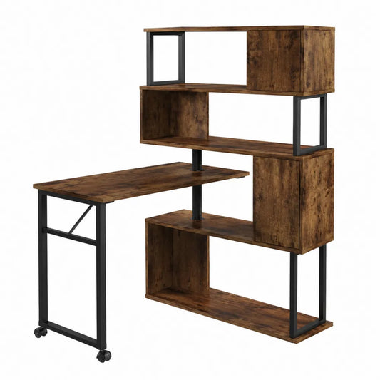 Scrivania angolare con libreria in legno MDF e metallo nero, 120 cm
