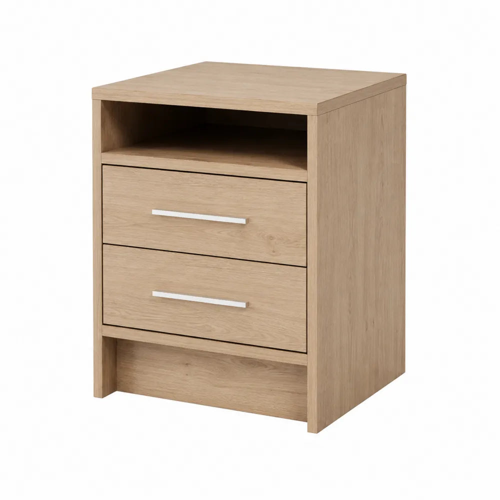 Comodino in legno MDF con due cassetti rovere chiaro