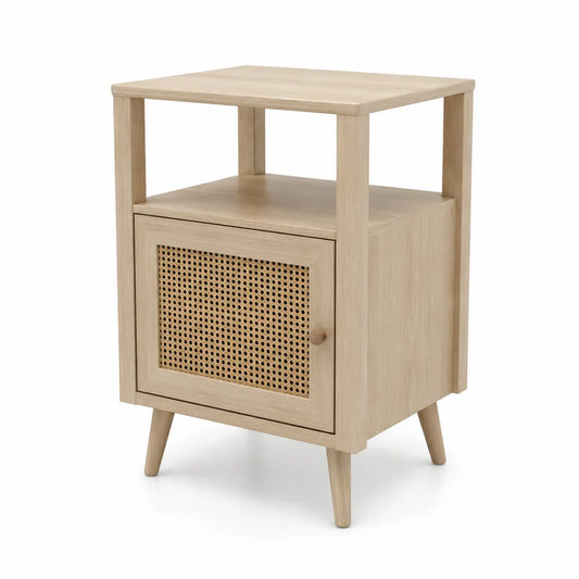 Comodino in legno e rattan con ripiano aperto