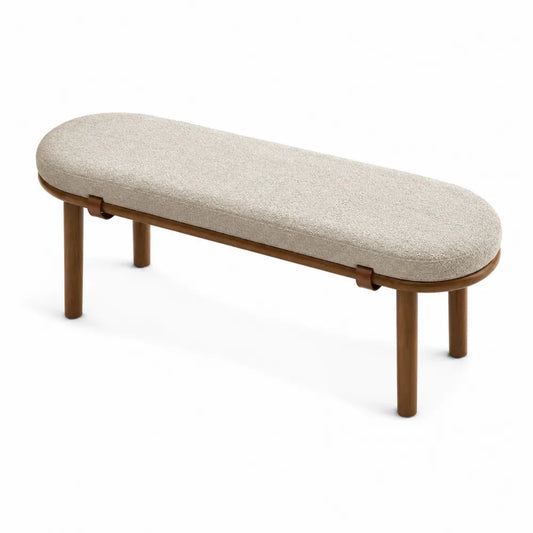 Panca imbottita in tessuto beige e legno massello 120x40x45 cm