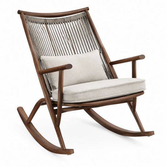 Sedia a dondolo in legno massello con corda e tessuto beige
