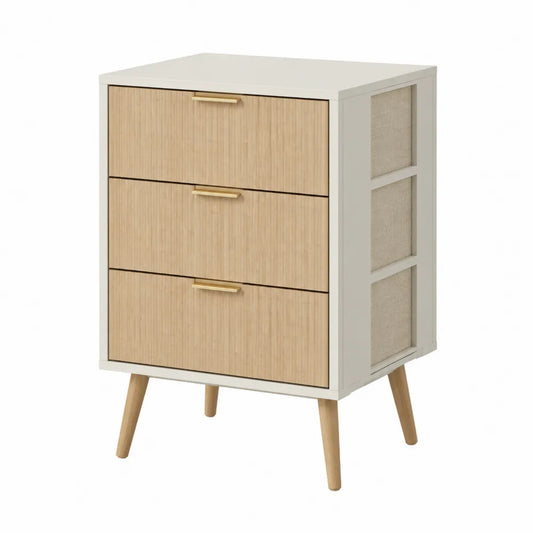 Cassettiera in Legno MDF e Bambù con 3 Cassetti Bianco/Naturale