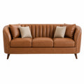 Divano 3 Posti in Pelle Marrone con Cuscini in Tessuto Beige