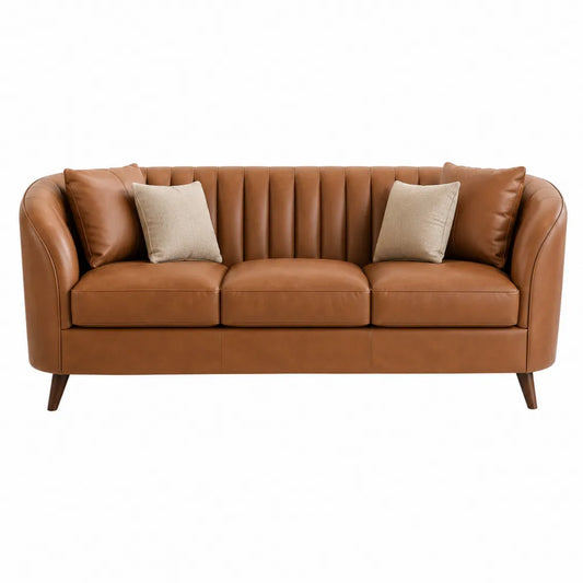 Divano 3 Posti in Pelle Marrone con Cuscini in Tessuto Beige