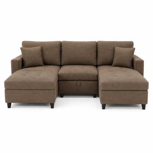 Divano angolare in tessuto poliestere marrone con chaise longue