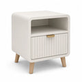 Comodino in MDF Bianco con Gambe in Legno di Faggio, Cassetto e Ripiano
