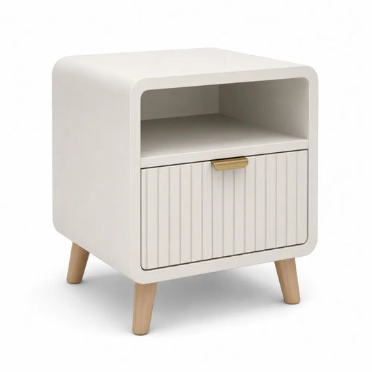 Comodino in MDF Bianco con Gambe in Legno di Faggio, Cassetto e Ripiano