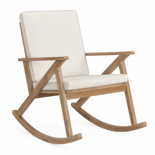 Sedia a dondolo in legno di teak e cotone beige