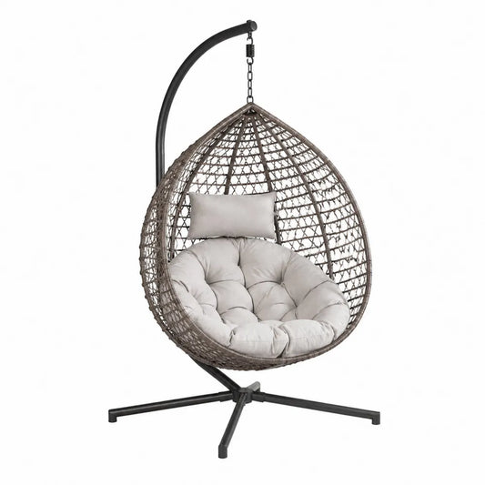 Sedia a dondolo sospesa in rattan e acciaio con cuscino beige
