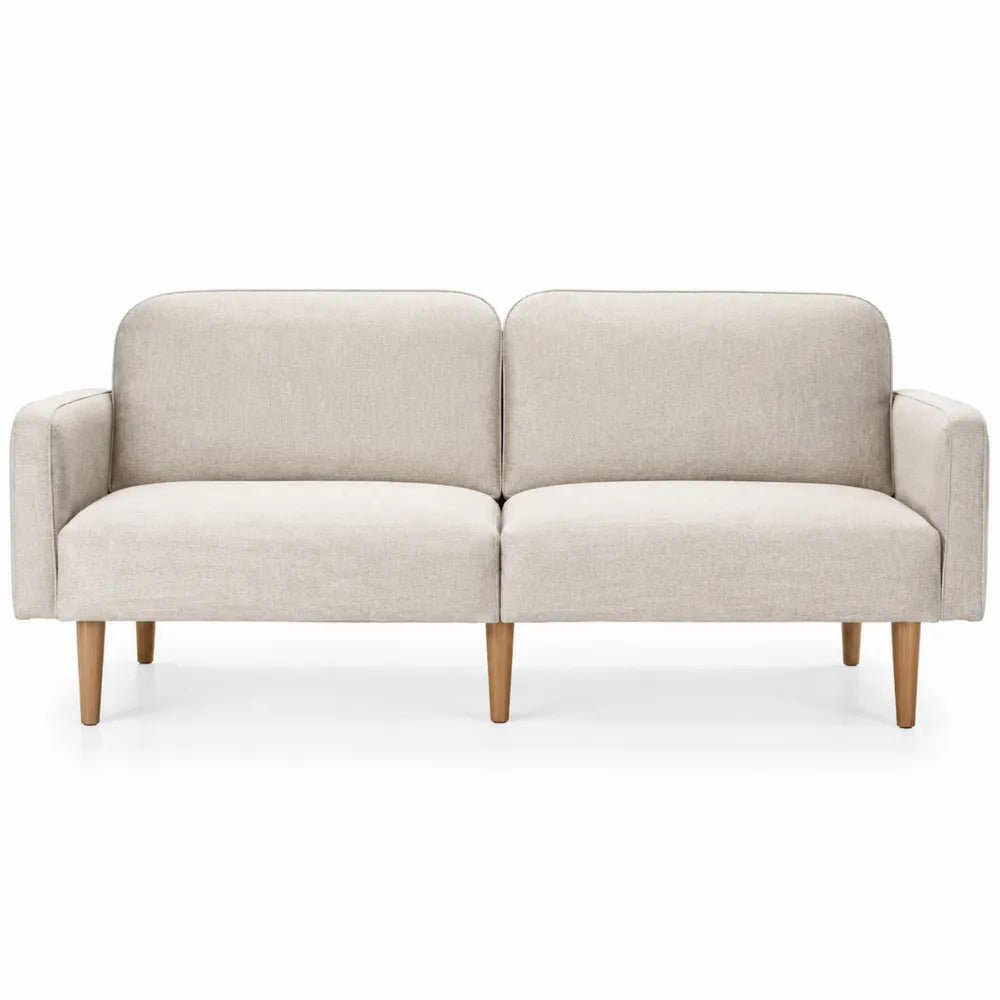 Divano 3 Posti in Tessuto Beige con Gambe in Legno