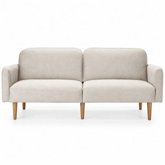 Divano 3 Posti in Tessuto Beige con Gambe in Legno