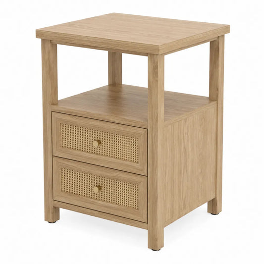 Comodino in Legno di Quercia con Cassetti in Rattan 45x35x60 cm